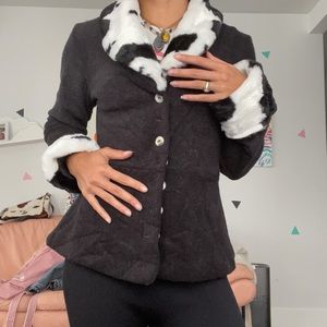 Cow print faux fur trim cardigan jacket